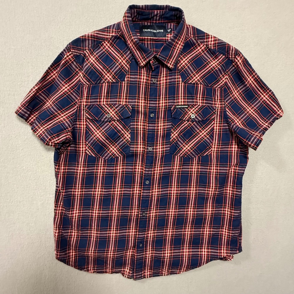 Calvin Klein Jeans Plaid‎ Sort Sleeve Shirt Men XL